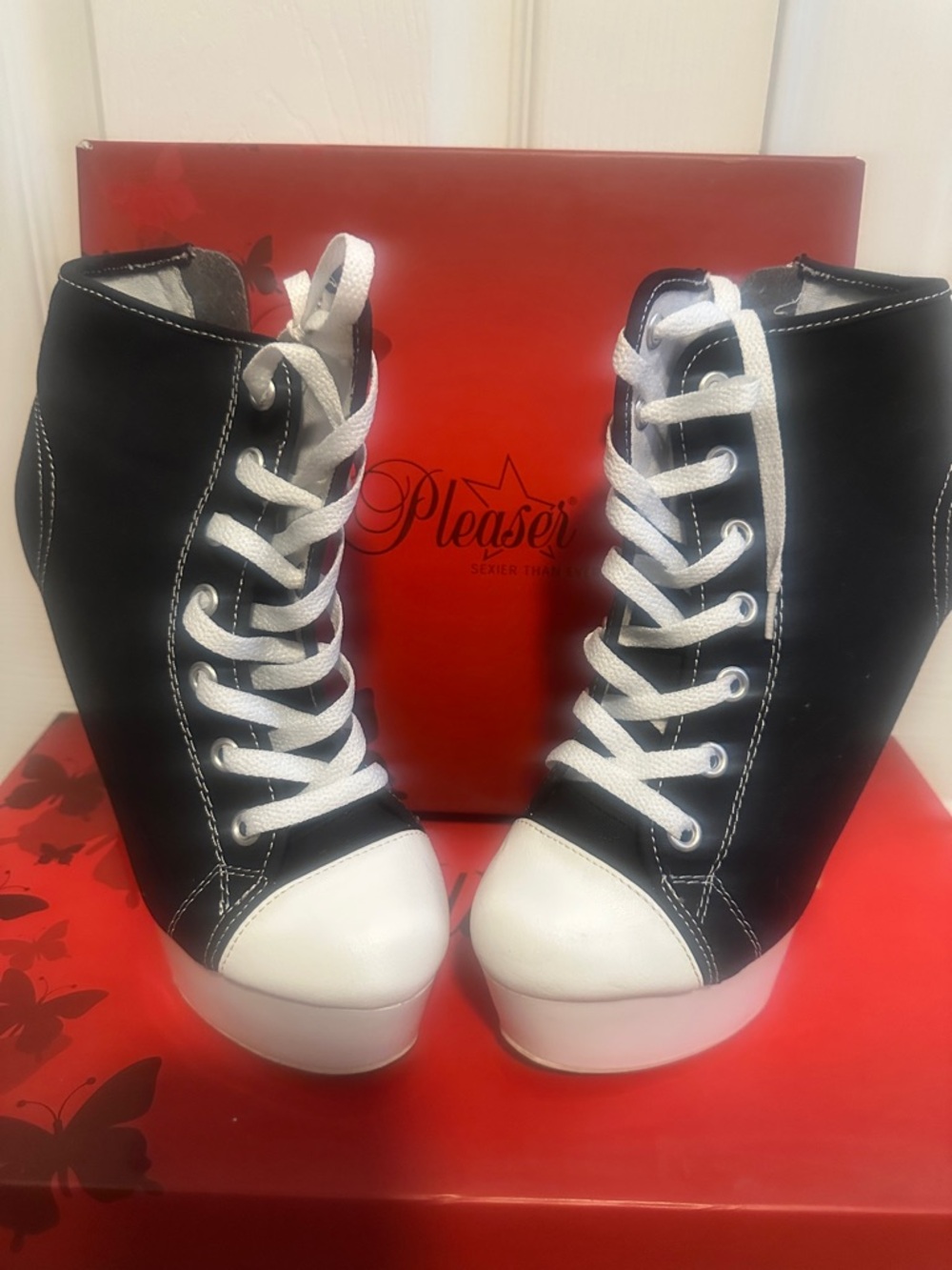 Pleaser Black and White Lace-Up Platform Booties